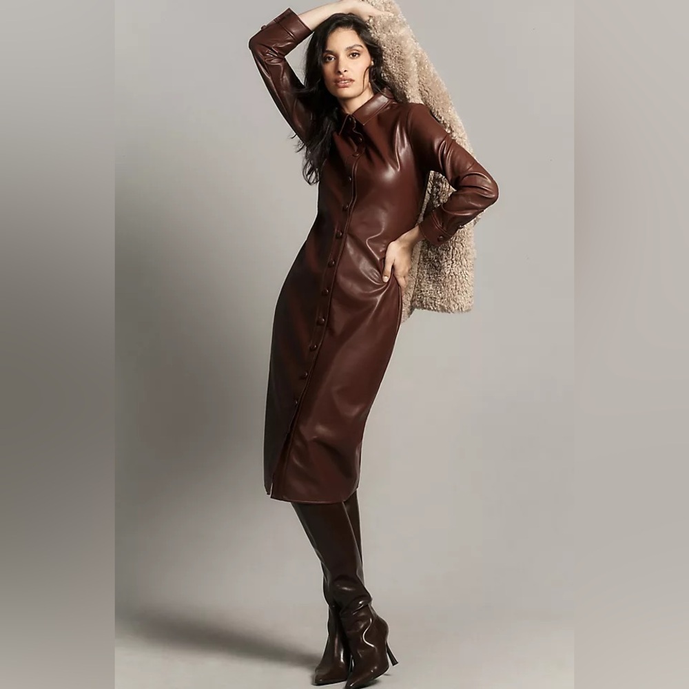 Anthropologie Faux Leather Midi Shirt Dress